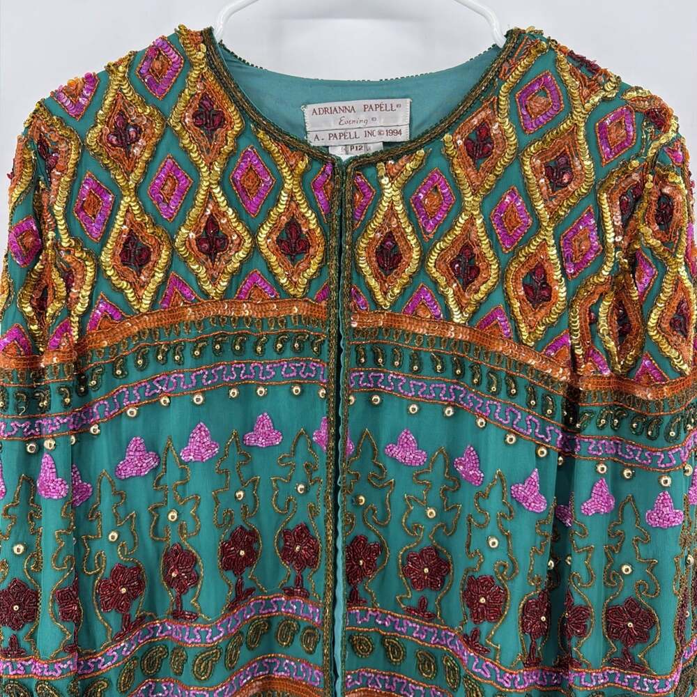 VTG Adrianna Rappel Silk Beaded Ornate Evening Jacket 12P Sparkle Maximalist